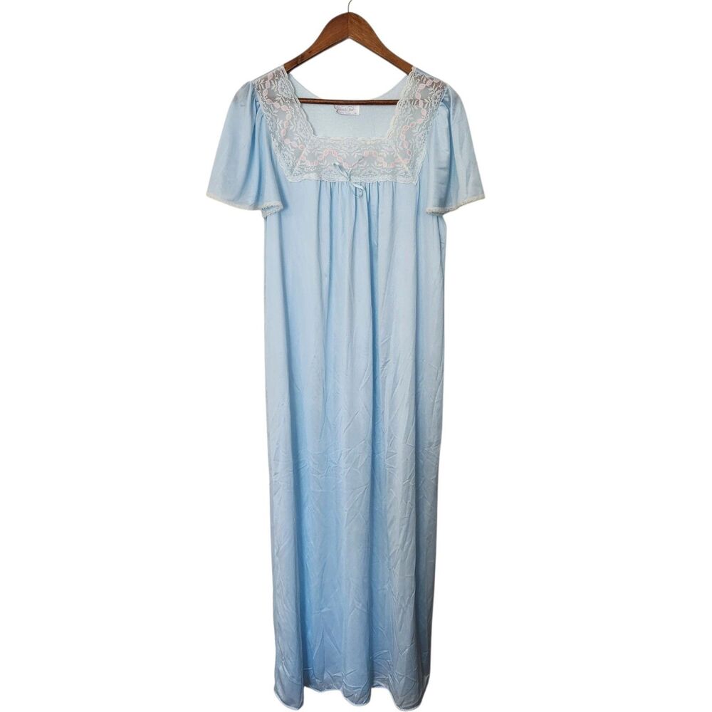 Vintage Vanity Fair Long Pastel Blue Nylon Nightgown Flutter Sleeve Lace sz M